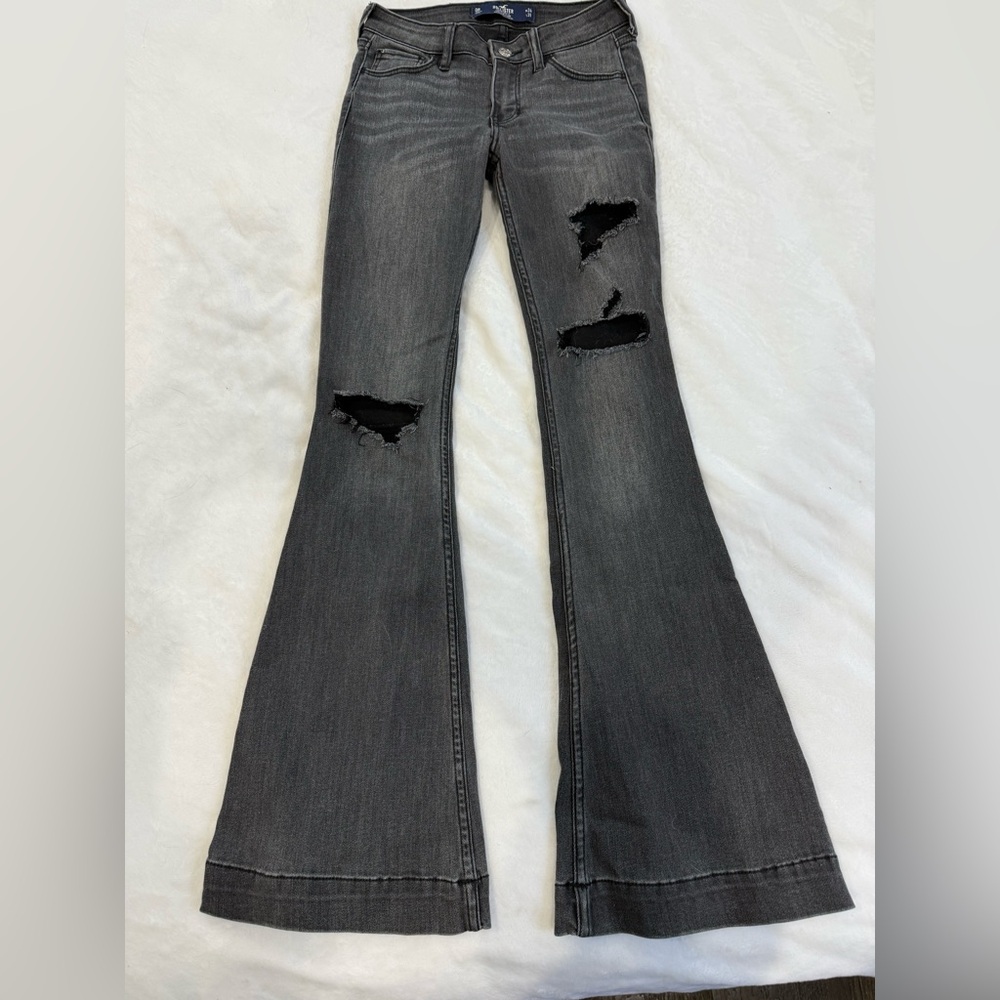 Hollister Black Flare Wide Leg Jeans Distressed 0R / 24